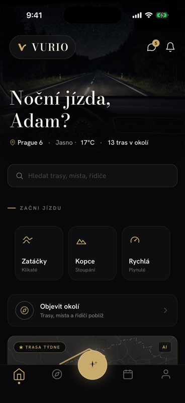 Obrazovka Domů — plánovač trasy se styly Zatáčky, Kopce a Rychlá
