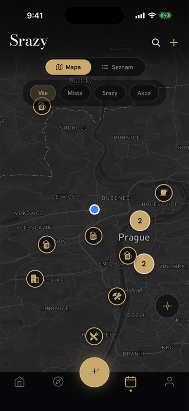 Obrazovka Srazy — mapa s piny akcí a panelem nejbližšího srazu