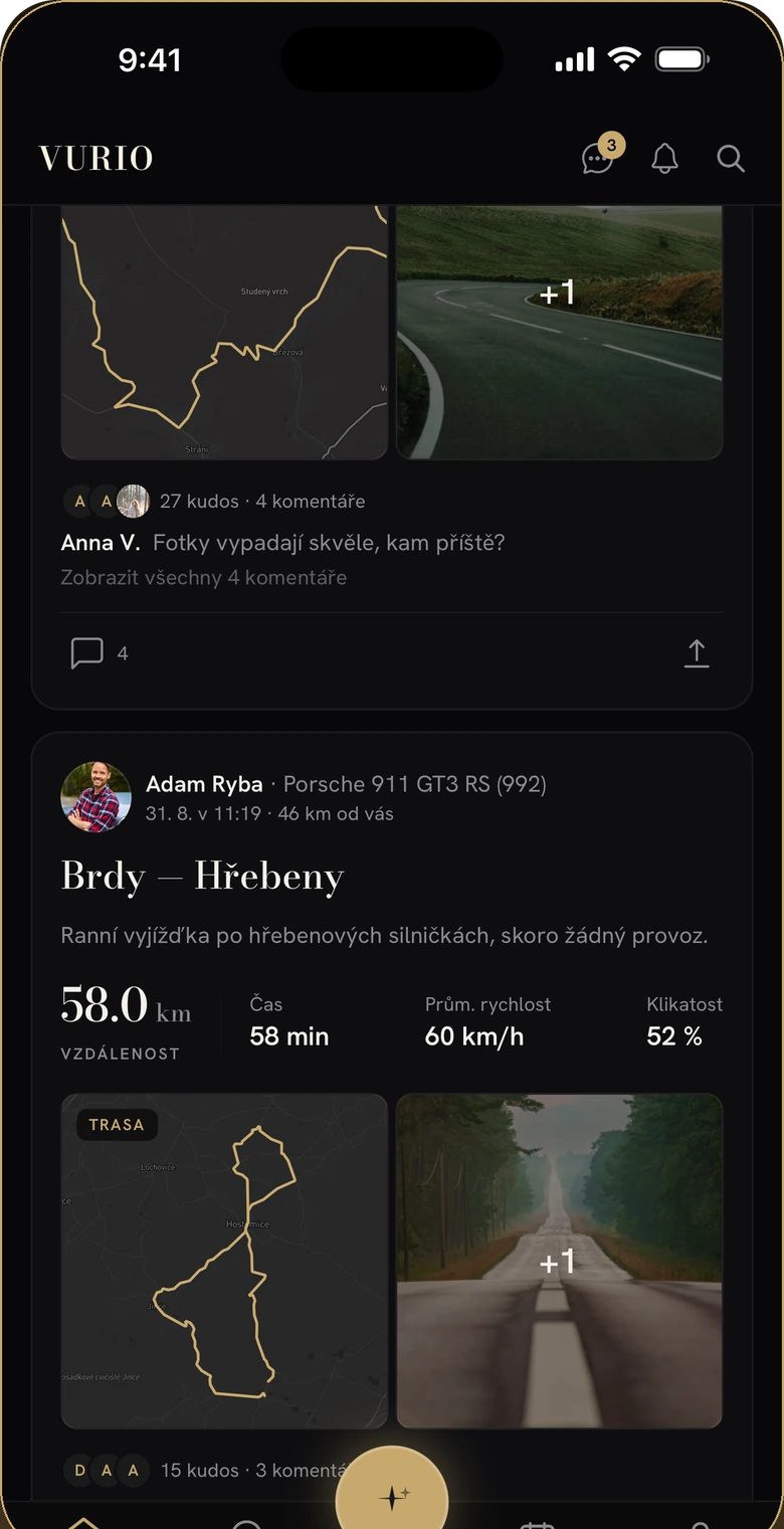 Feed jízd — karta jízdy Brdy–Hřebeny se zlatou mapou trasy, 58 km, 58 min a kudos