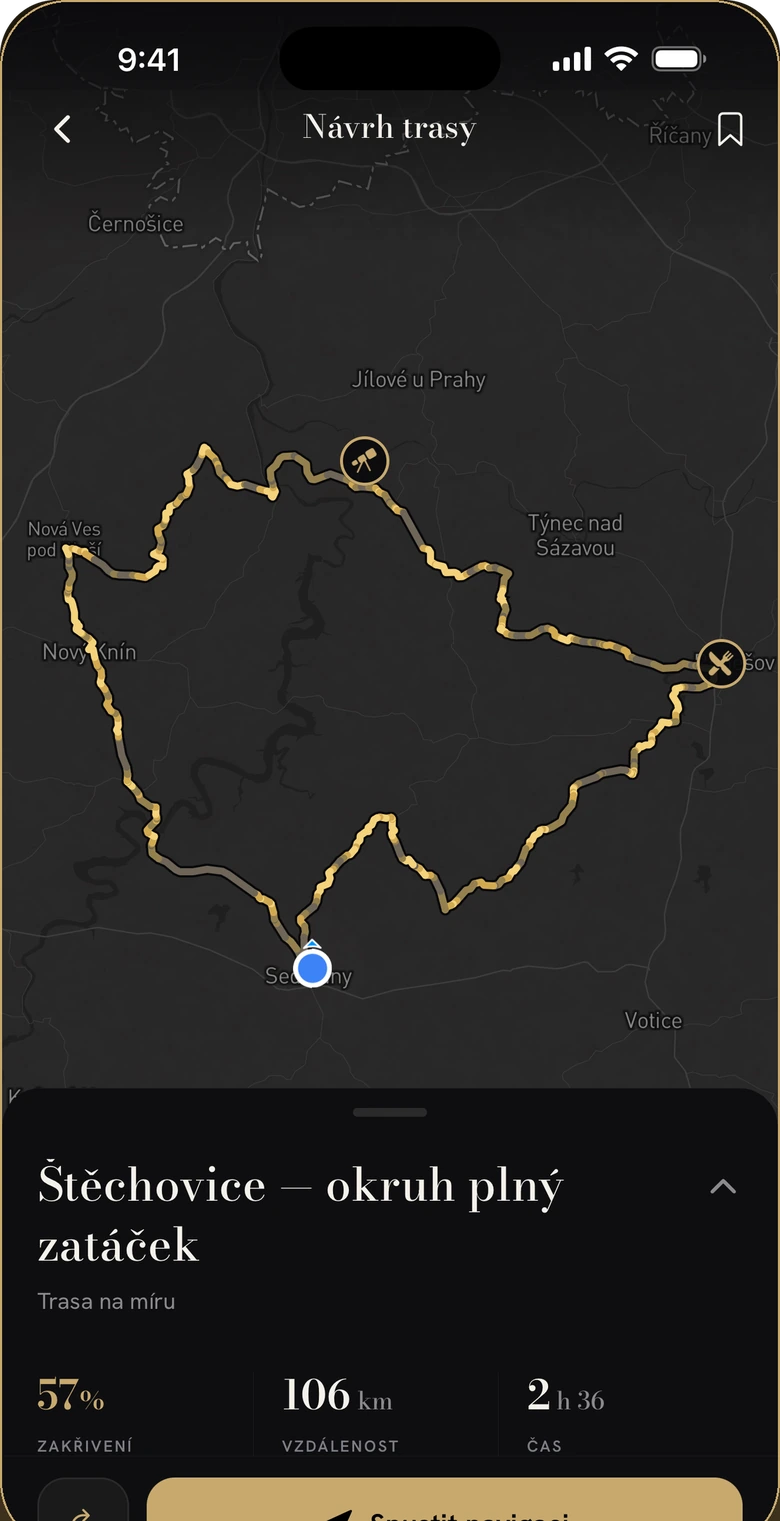 Návrh trasy v aplikaci — okruh vykreslený na mapě, pod ním zakřivení 57 %, 106 km a čas 2 h 36